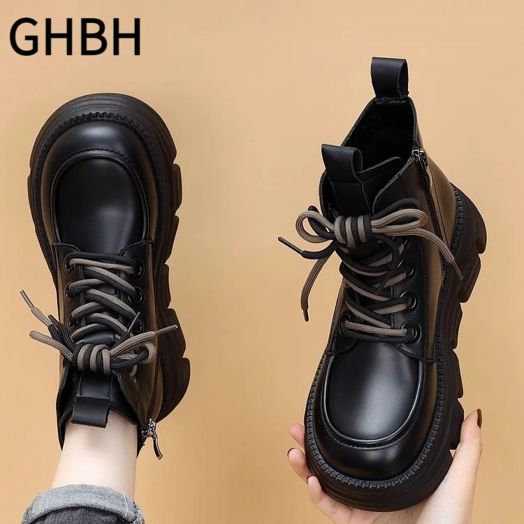 真皮欧货厚底马丁靴女2024冬季加绒爆款英伦风百搭厚底短靴潮ins