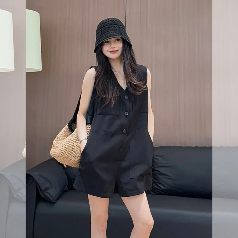 巨好看减龄黑色阔腿连衣裤女2025夏季新款小个子宽松显瘦休闲短裤