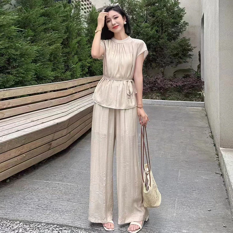 拉夏贝尔时尚套装女夏季2025宽松遮肚显瘦上衣阔腿裤名媛范两件套