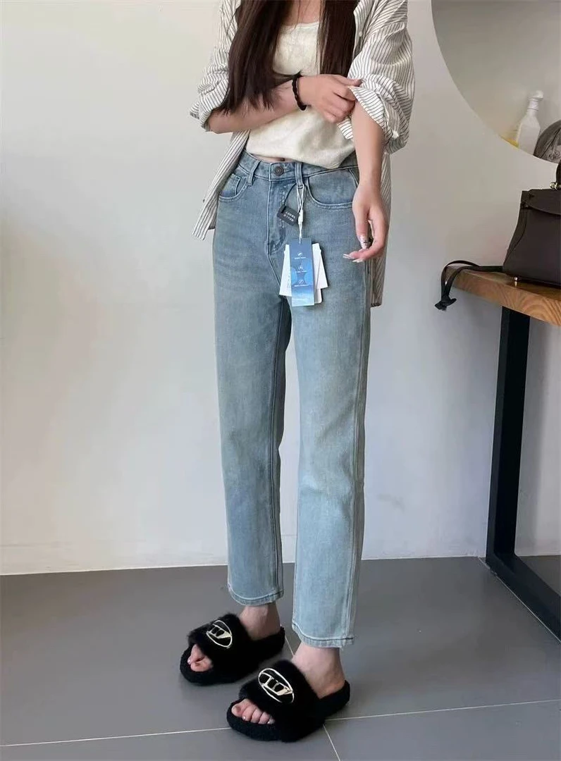 浅蓝色高腰直筒牛仔裤女显瘦百搭小个子烟管裤