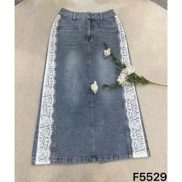 KIKI严选：F5529-6688家欧货南油夏季拼接蕾丝牛仔半身裙