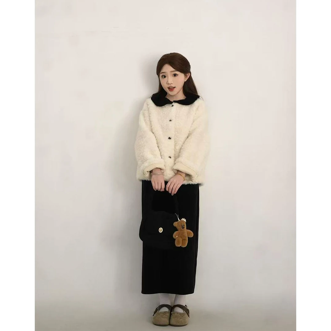 洋洋子【甜心教主】娃娃领丝绒韩版宽松百搭羊羔毛短外套气质小香风