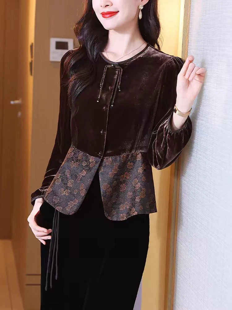 真丝丝绒上衣秋冬新款中式长袖优雅复古桑蚕丝洋气拼接外套开衫女