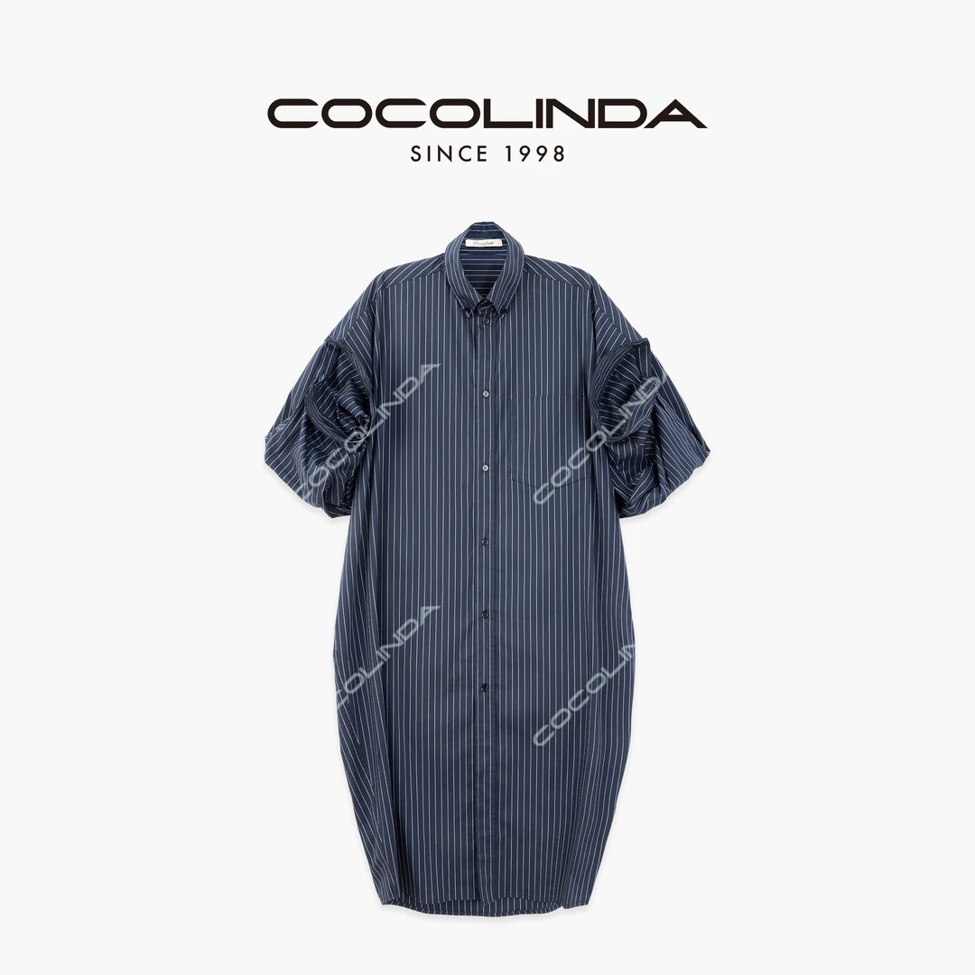 COCOLINDA | 棉质法式茧形异形袖廓形工艺复杂条纹衬衫裙Q3651