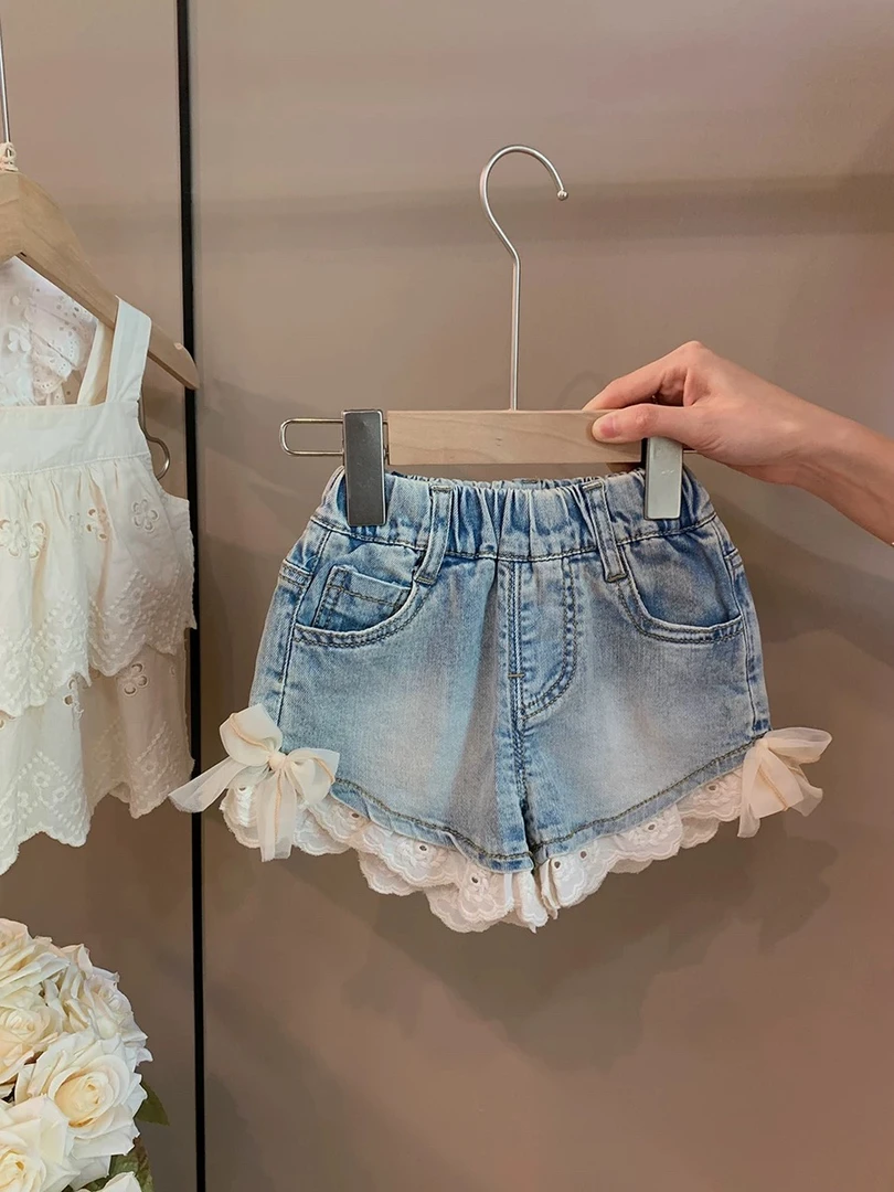 女童裤子2025夏季新款儿童洋气花边牛仔裤宝宝百搭蝴蝶结休闲短裤