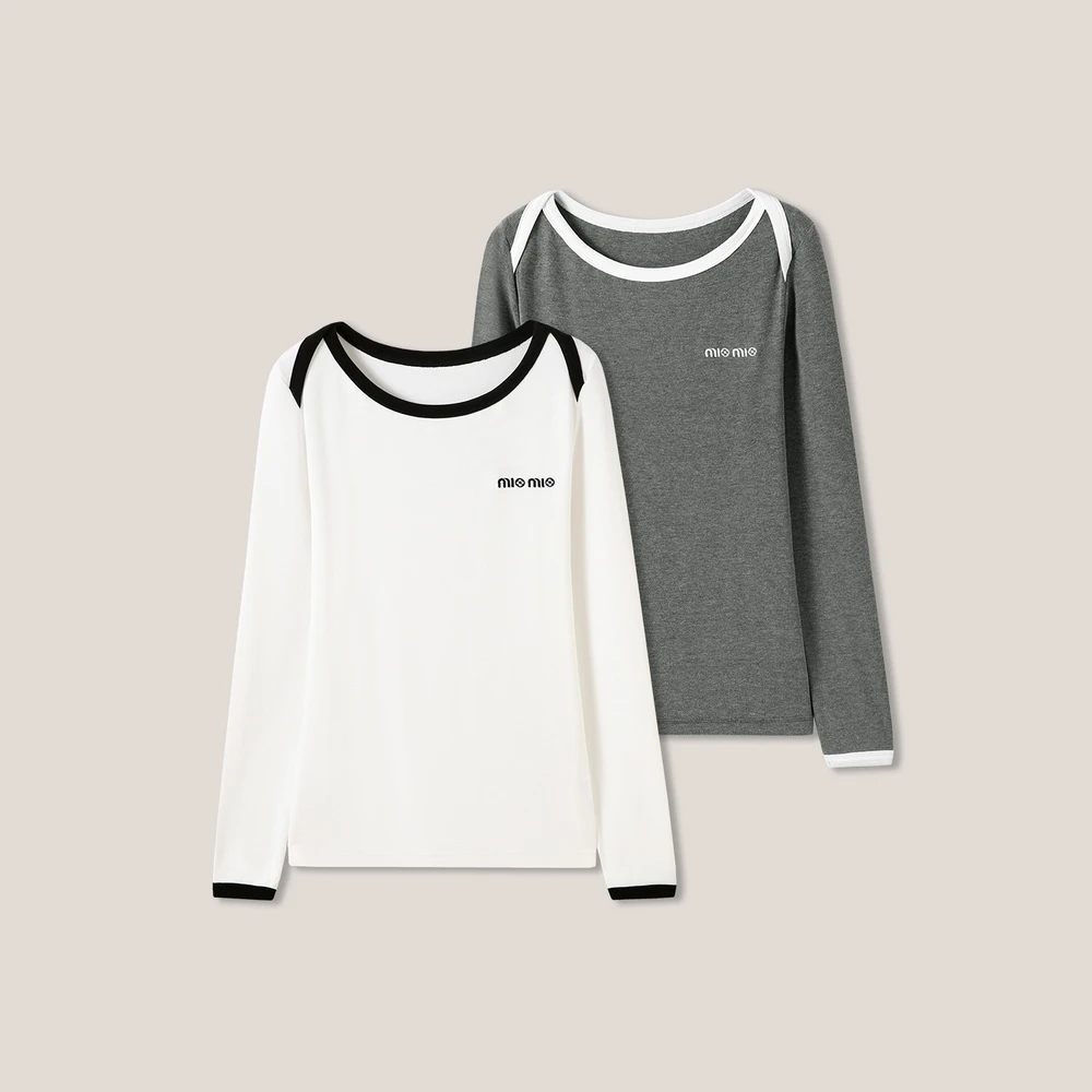 早秋设计款miu系撞色一字领羊毛长袖打底衫T恤ss26432