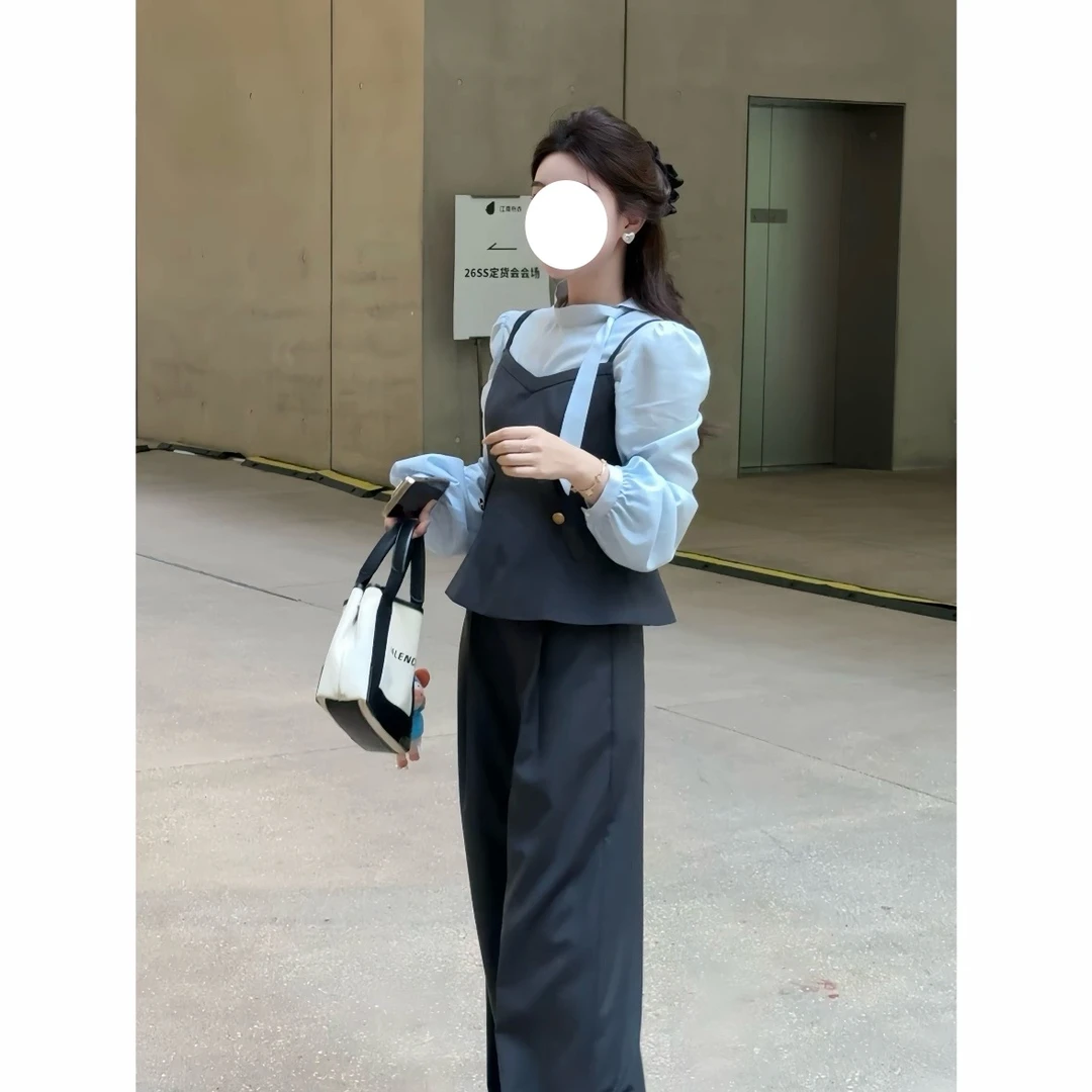 设计感系带衬衫马甲裤子套装秋季新款高级感宽松显瘦三件套A25377