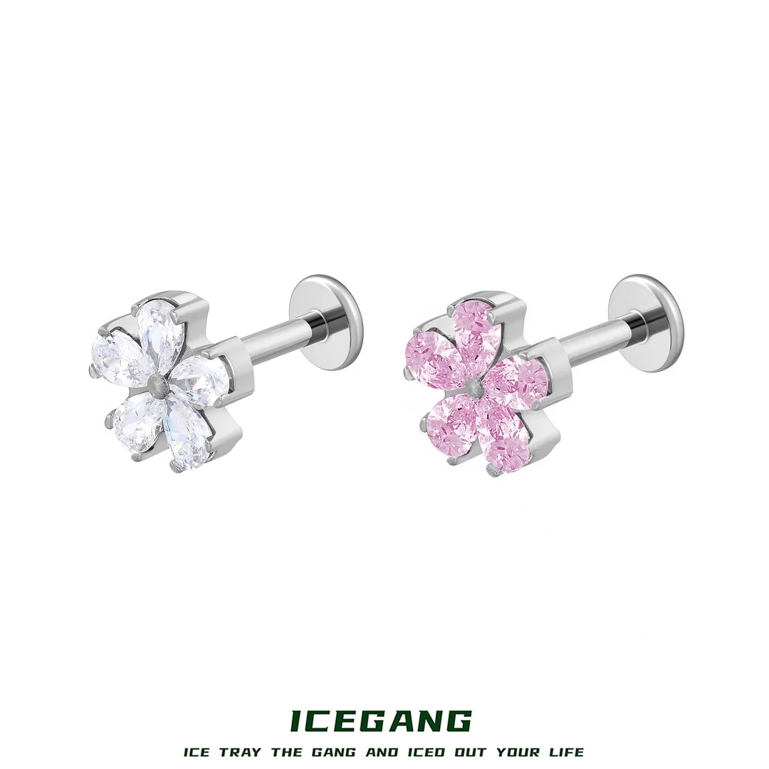 ICEGANG 钛合金合成锆石耳饰 植入级F136钛合金樱花耳钉穿刺精致