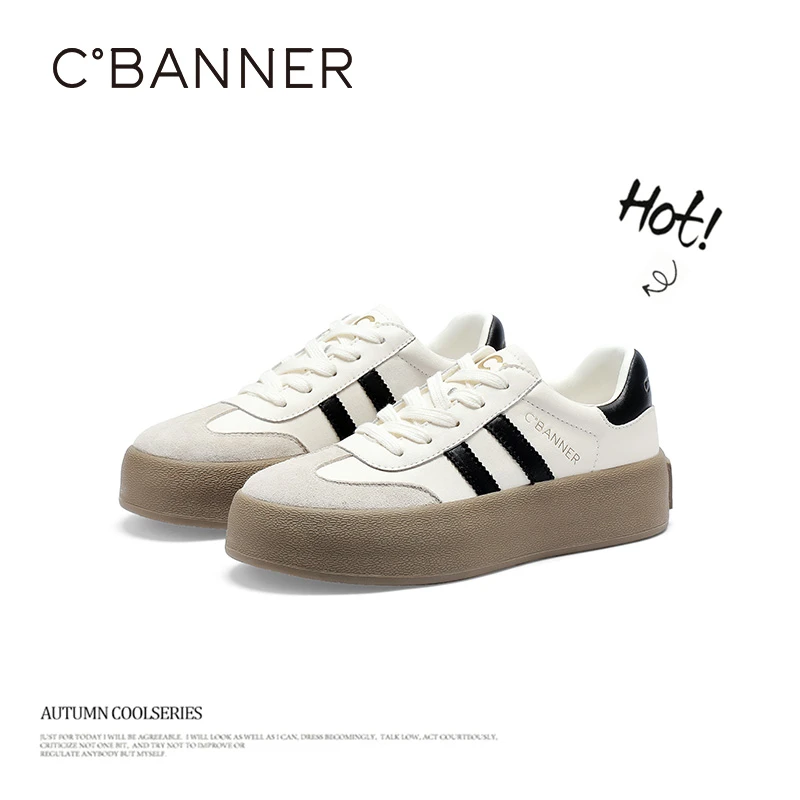 C.BANNER/千百度女鞋春季新款复古德训鞋厚底板鞋韩版百搭休闲鞋