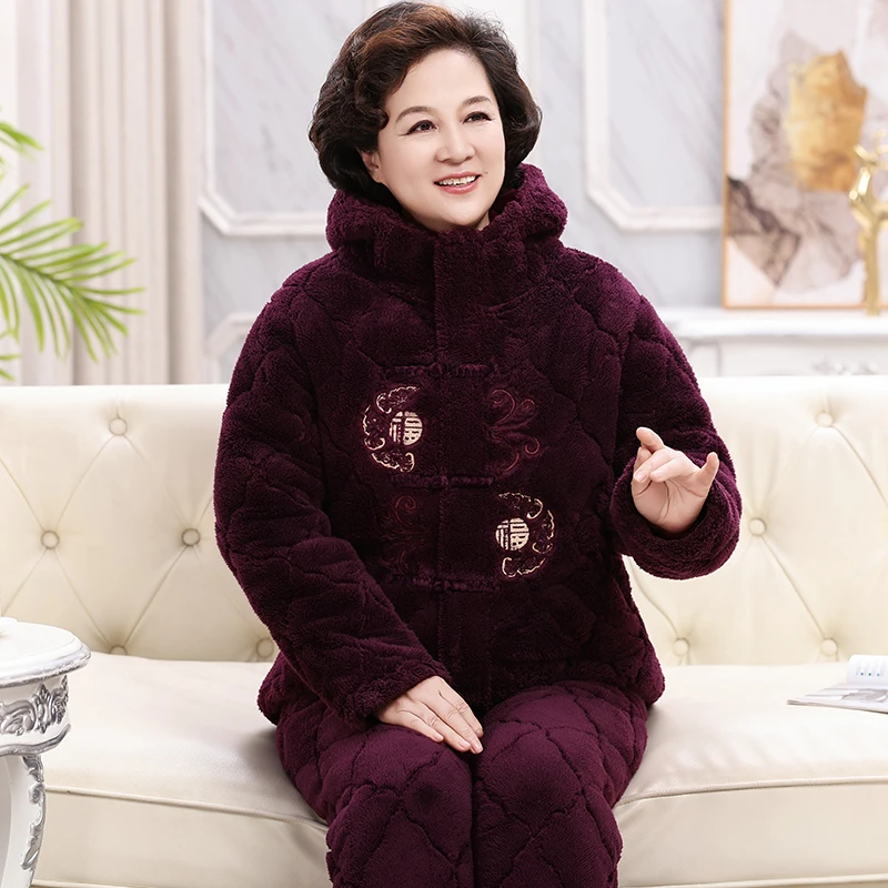 冬季奶奶棉袄中老年人珊瑚绒女睡衣加厚连帽高领妈妈保暖家居服