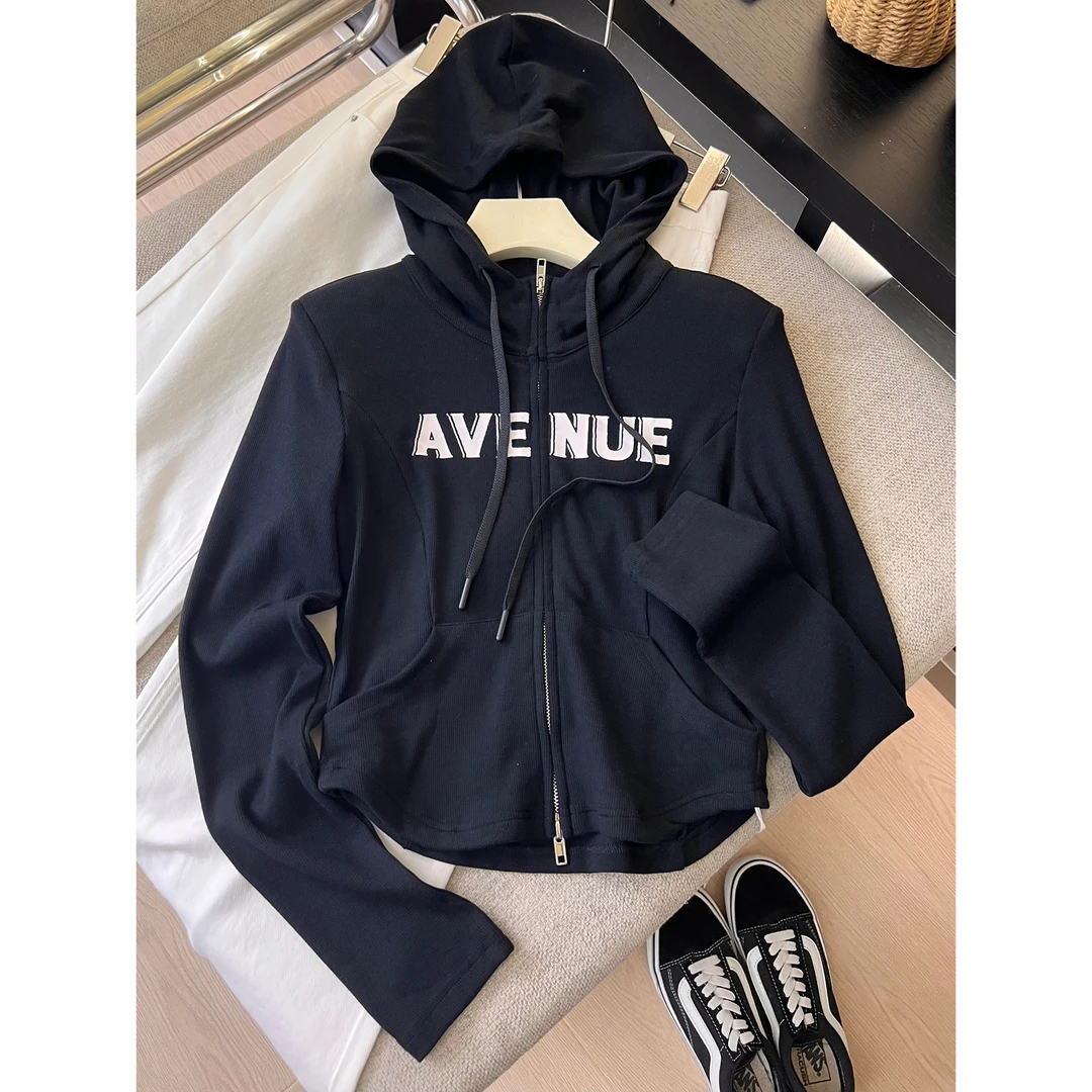 【N'9家】F6休闲开衫薄外套女2025秋辣妹修身显瘦短款连帽卫衣潮