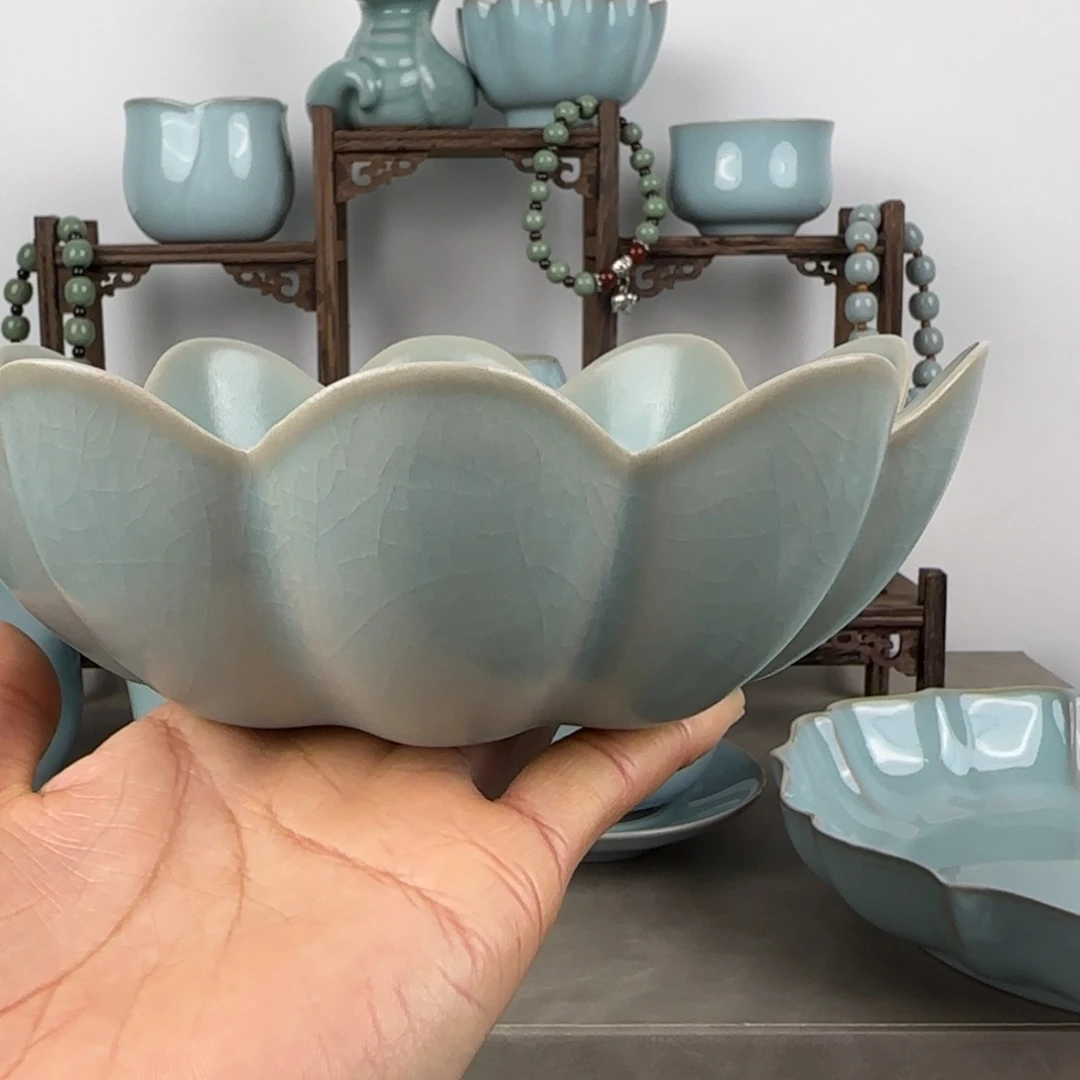 瓷片汝窑莲瓣盘仿古釉支钉烧