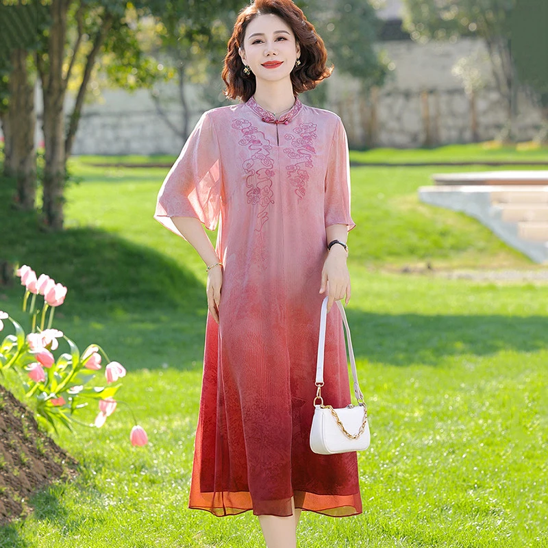 中老年女装妈妈墨染连衣裙夏季高贵新中式气质高级感显瘦雪纺裙子