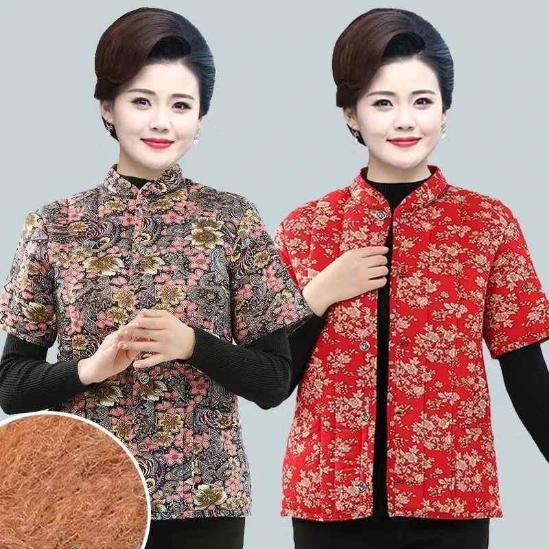 妈妈装秋冬棉马甲女中老年人加厚保暖半袖棉坎肩外套短袖棉衣