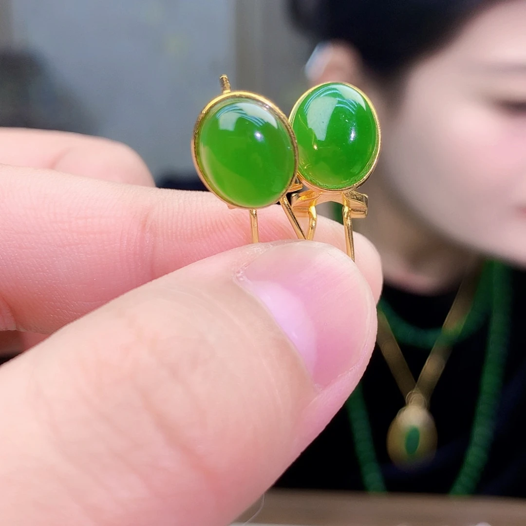 吊坠(不含链)银S925镶嵌和田玉（碧玉）耳钉