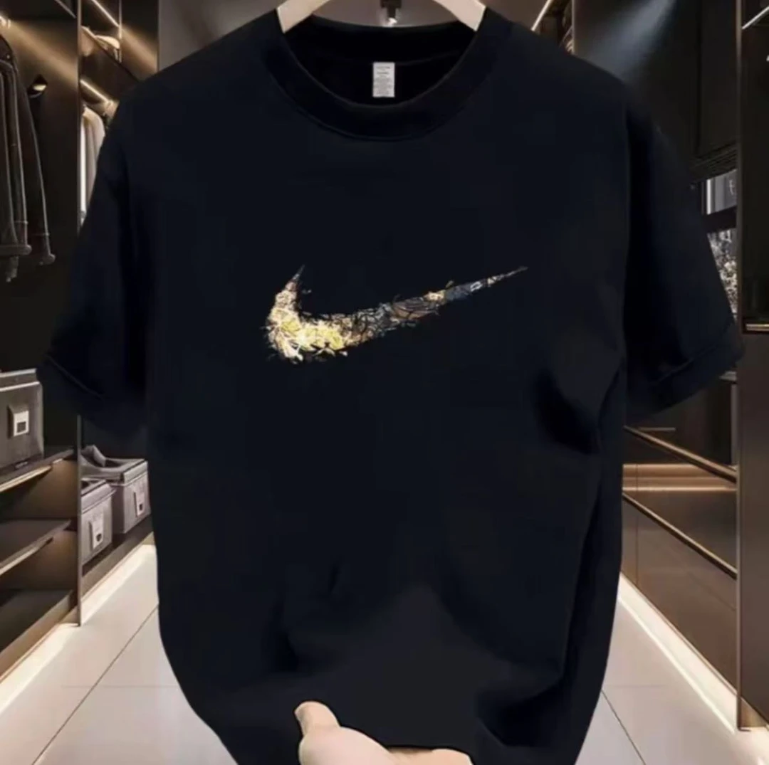 重磅新疆长绒棉夏季短袖男女休闲透气圆领印花纯棉T恤 金色