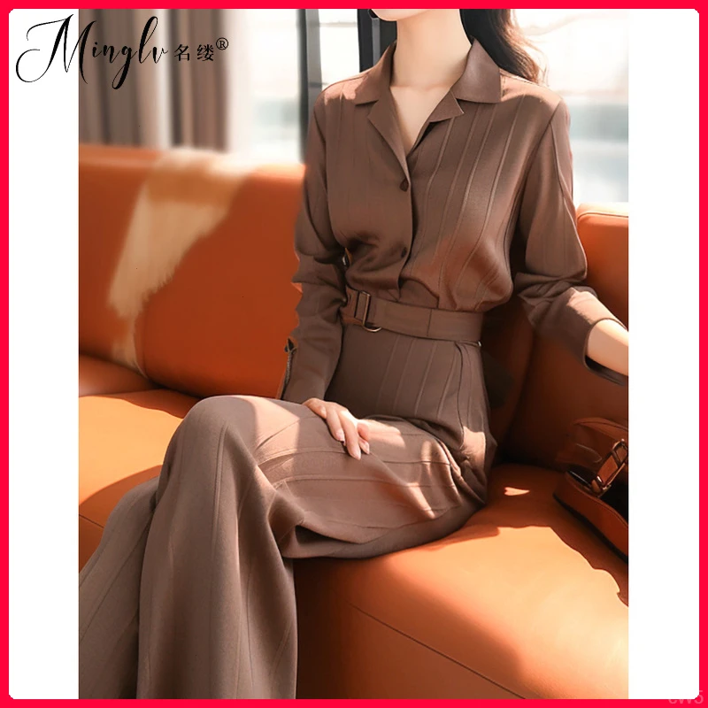 轻熟通勤秋装女2025新款盐系咖啡色polo领长袖衬衫阔腿裤两件套装