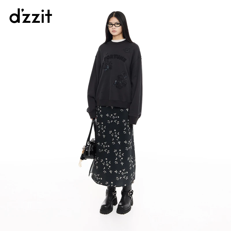 dzzit地素卫衣25春新款休闲风串珠绣纯棉宽松长袖上衣女3J1J157
