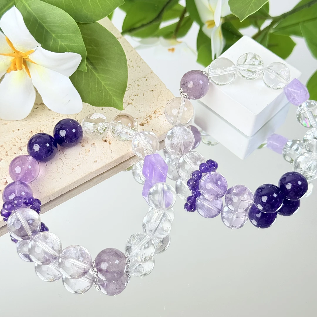 【偏爱】紫水晶白水晶手串13mm面小仙多样性发其一Z