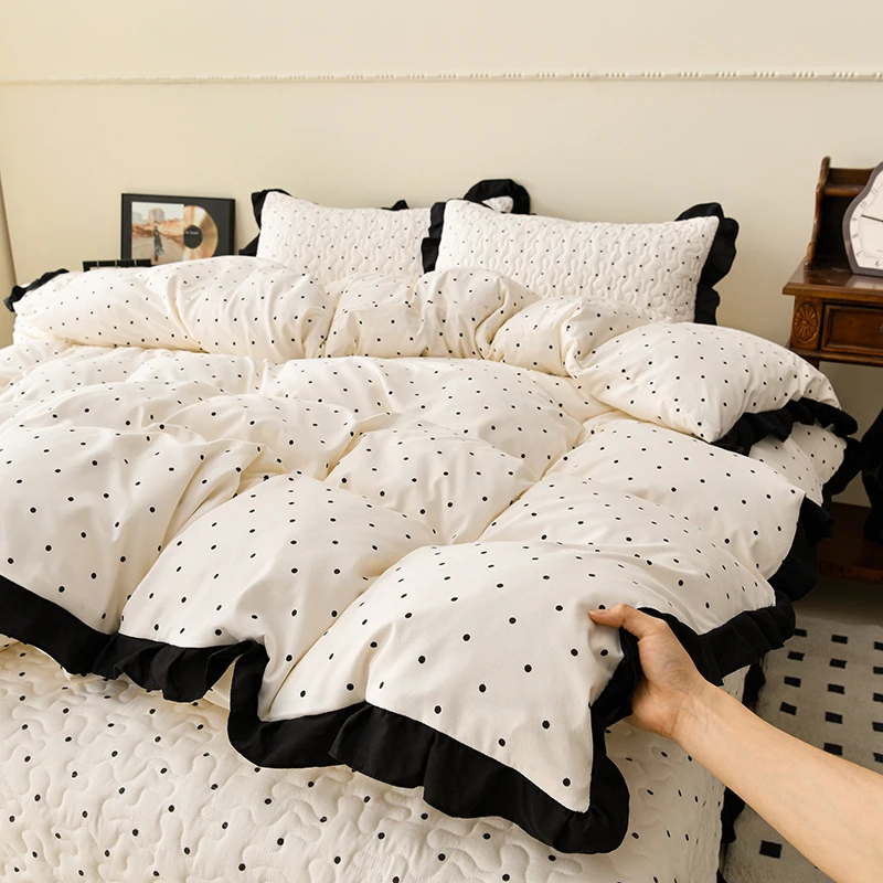 公主风水洗棉夹棉床盖四件套法式花边被套枕套加厚夹棉床盖三件套