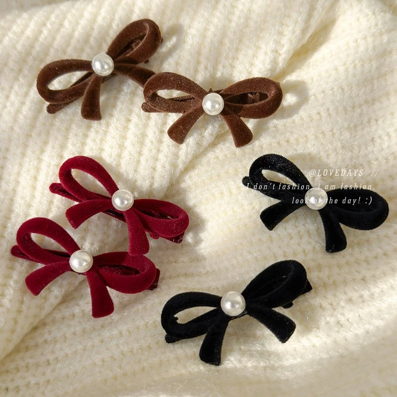 植绒珍珠蝴蝶结发夹发卡前额侧边夹女气质鸭嘴夹碎发夹头饰发饰