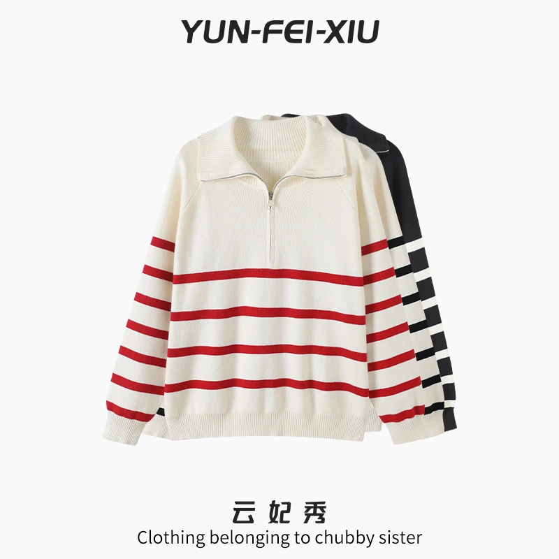 云妃秀大码女装针织衫时尚休闲条纹百搭微胖宽松显瘦韩版秋季5138