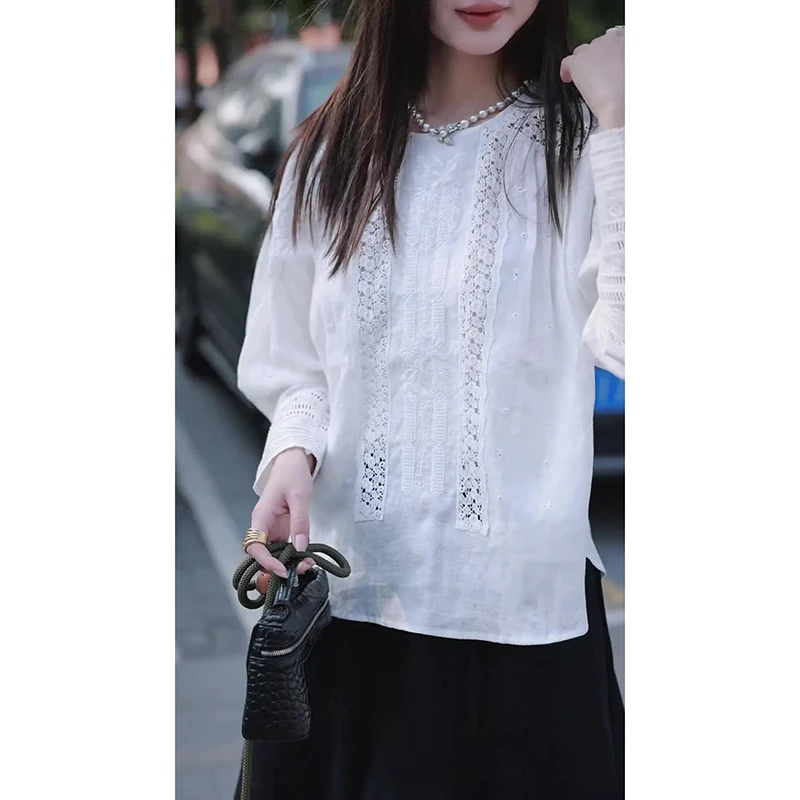新中式国风女装白色上衣2025春秋新款高级感复古百搭镂空气质衬衫