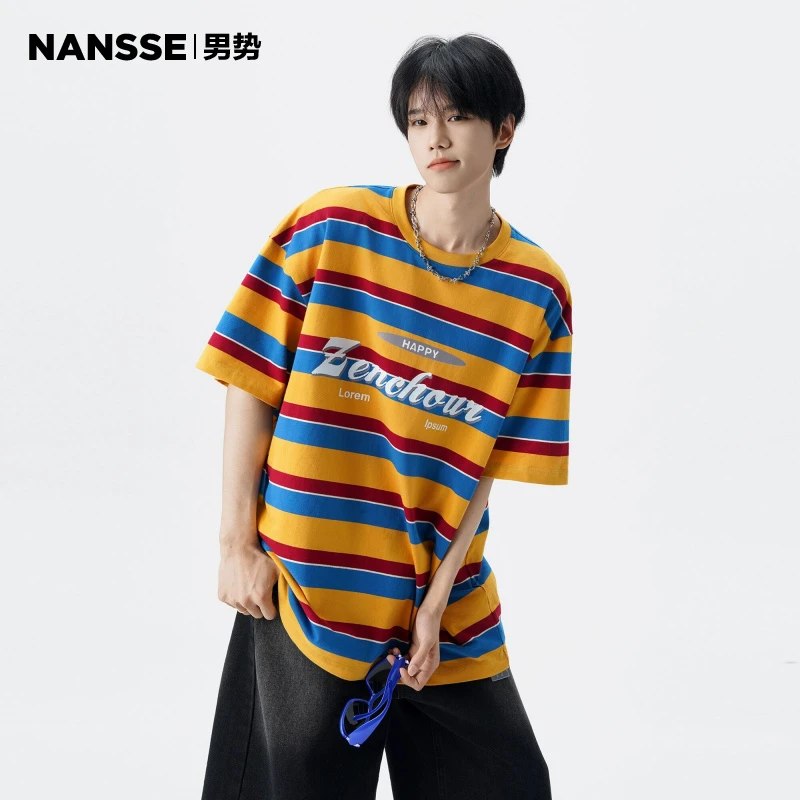 美式复古条纹撞色短袖T恤男女2025夏季新款宽松百搭情侣半袖