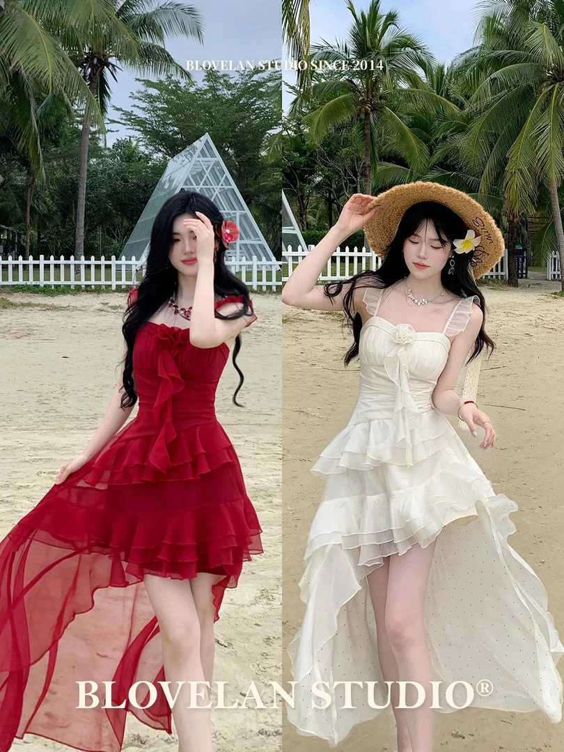 绝美景致女孩旅游小飞袖雪纺绝美拖尾度假不规则裙摆吊带连衣裙