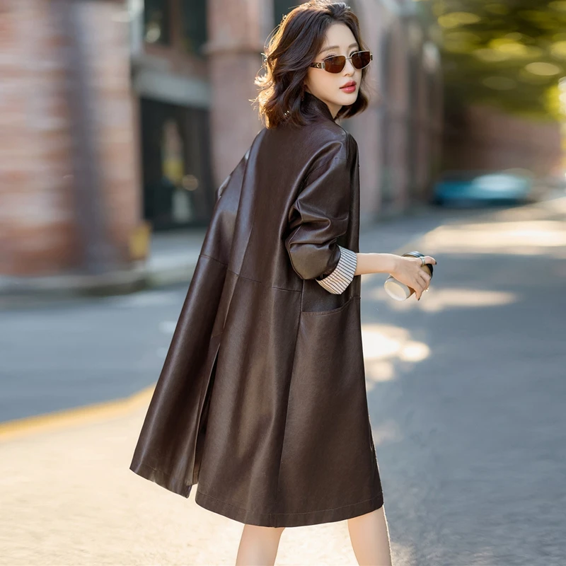 中长款复古pu皮衣风衣女2025春秋季新款时尚显瘦休闲皮尤外套