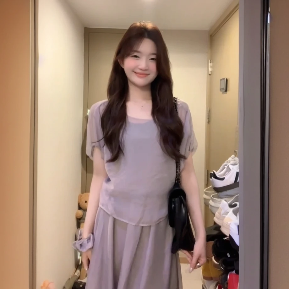 韩系清透感网纱小衫+宽松显瘦中长款半身裙两件套女夏季气质套装