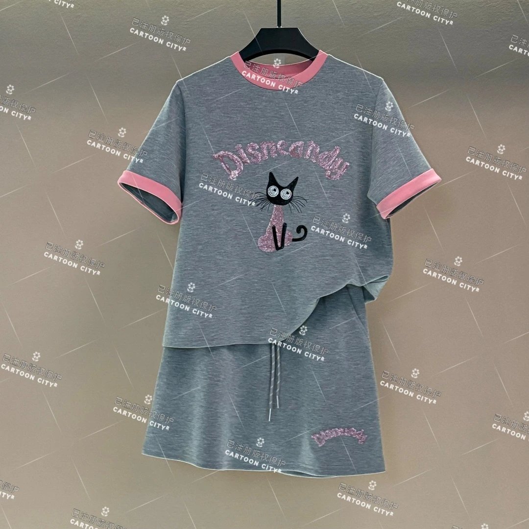 编码WMA-A103丨刺绣小猫>宽松版夏季T恤短裙休闲套装