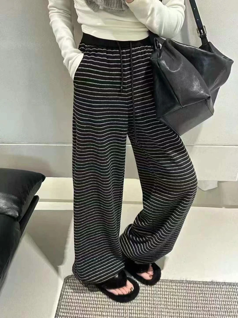 2024冬季高腰条纹加绒下摆抽绳阔腿裤女显瘦休闲裤长裤