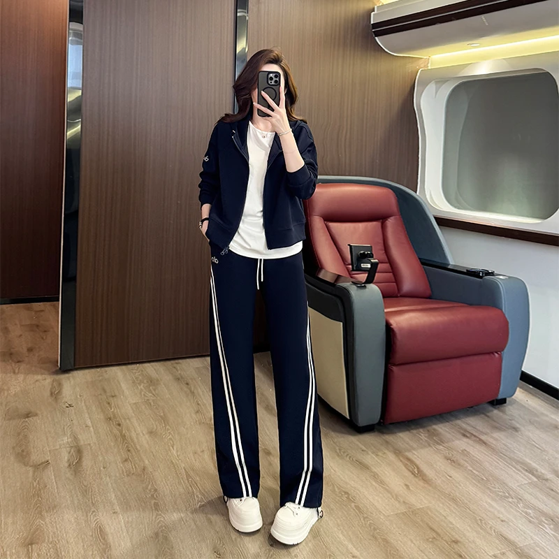 2025新款欧货休闲运动套装女春秋韩版宽松撞色条纹阔腿裤两件套潮