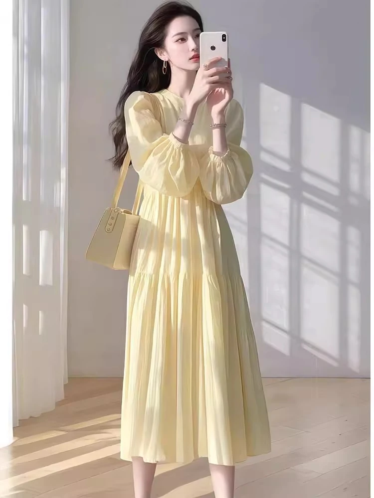 超好看黄色宽松衬衫连衣裙女2025早春新款法式度假风仙女气质长裙