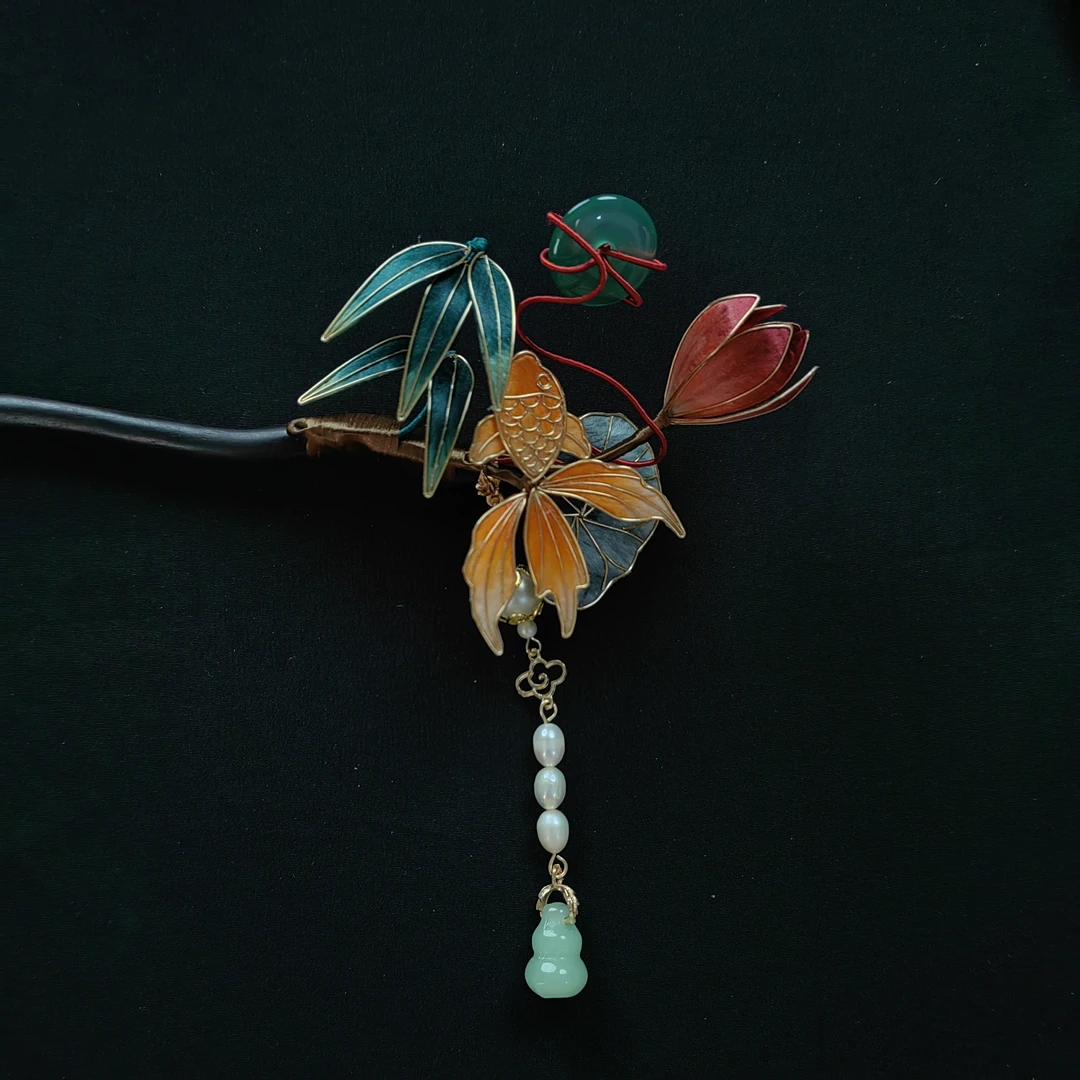 【好运来】南京非遗绒花纯手工制作好运来掐丝紫光檀木发簪