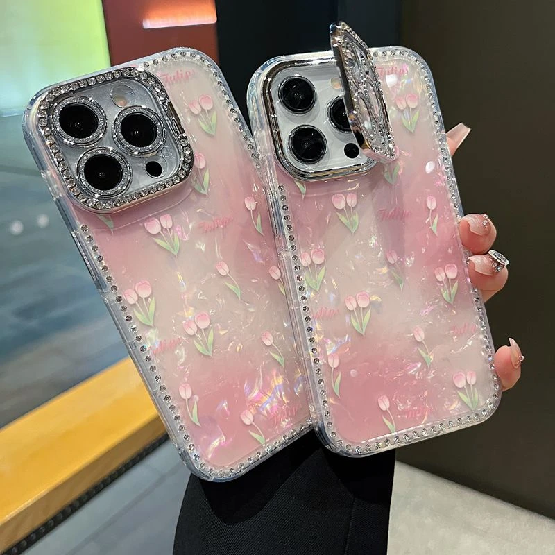 适用苹果系列iPhone16新款手机壳优雅郁金香全包镜头膜钻框支架