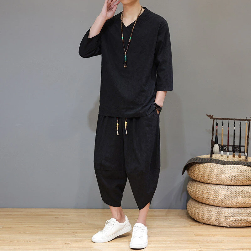 新中式提花七分袖T恤男夏季中国风V领汉服套装大码宽松灯笼萝卜裤
