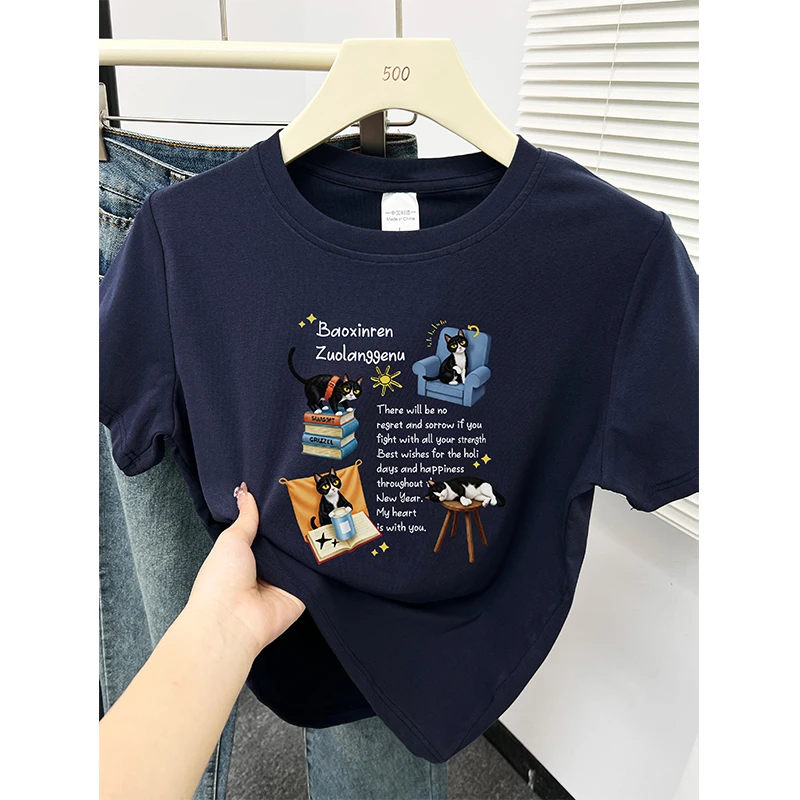 藏蓝色猫咪印花正肩短袖t恤女夏季大微胖mm遮肉半袖休闲圆领上衣