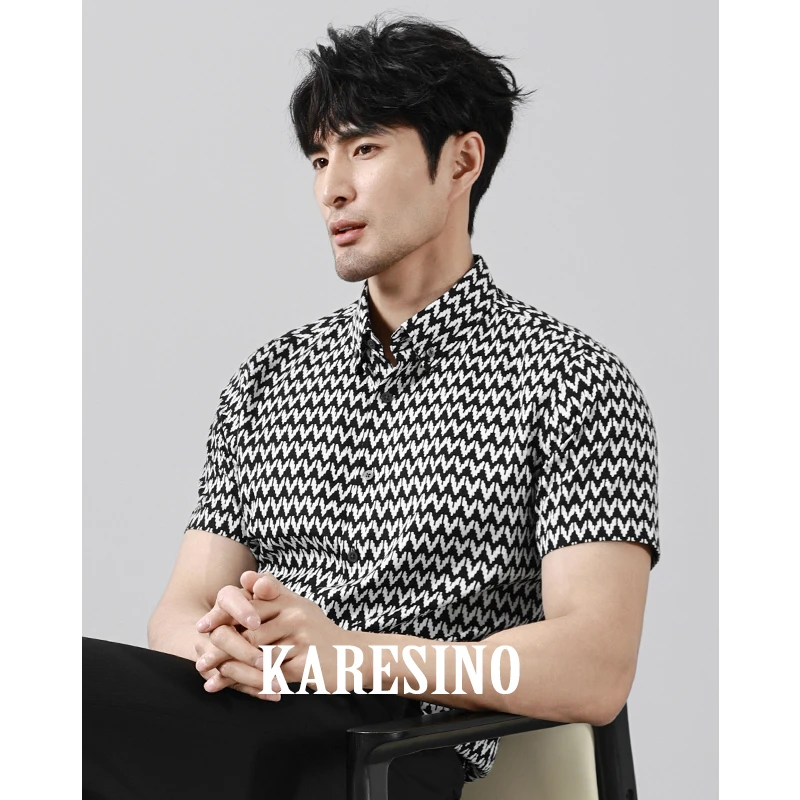 KARESINO夏季新款男士抗皱商务修身衬衣免烫休闲冰丝短袖印花衬衫