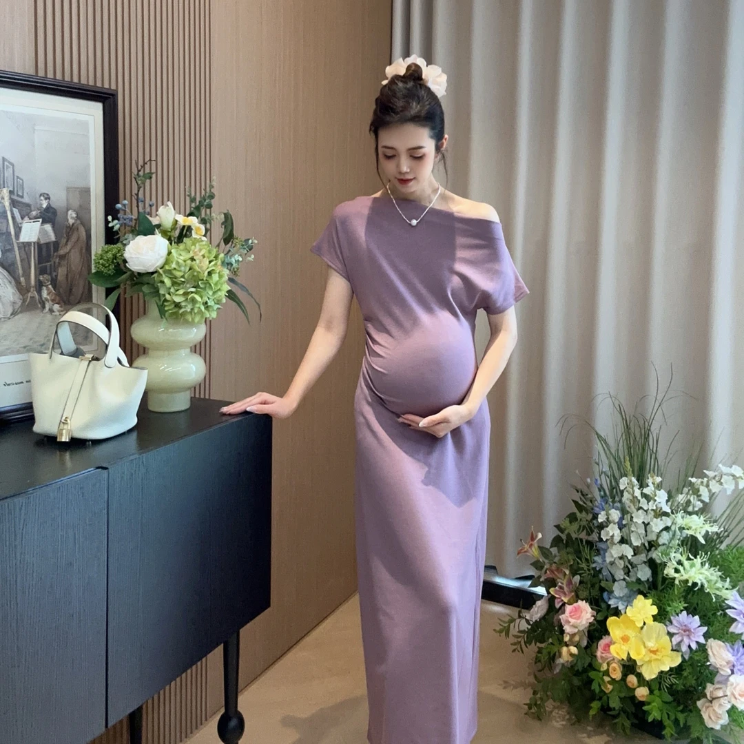 Zoey孕妇装［贵夫人］夏季弹力棉孕妈妈设计露肩显瘦短袖长款连衣裙