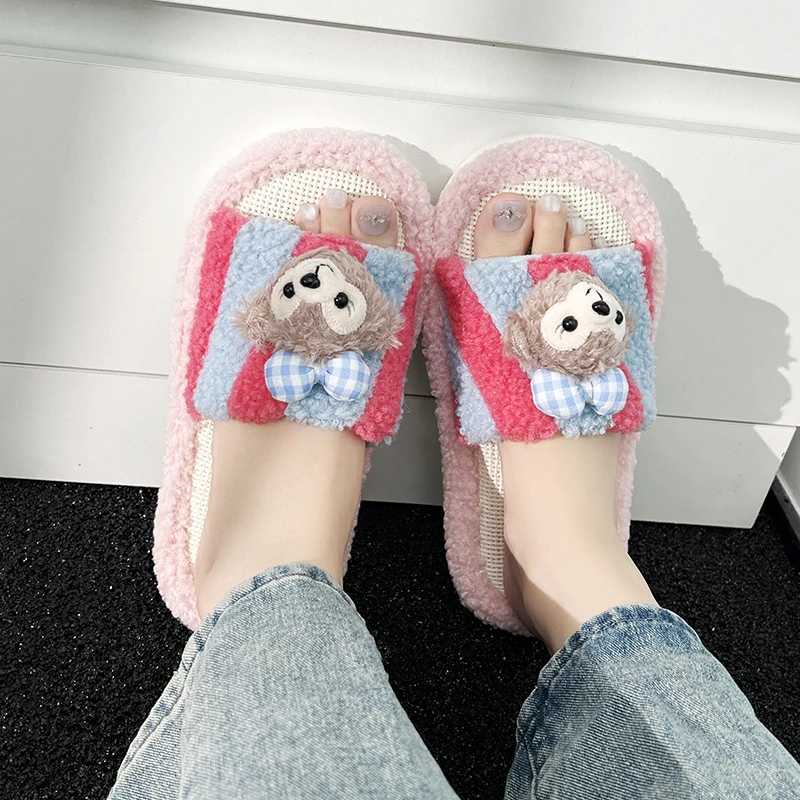 亚麻拖鞋女卡通玩偶拼色春夏季新款撞色居家静音防滑透气一字拖鞋