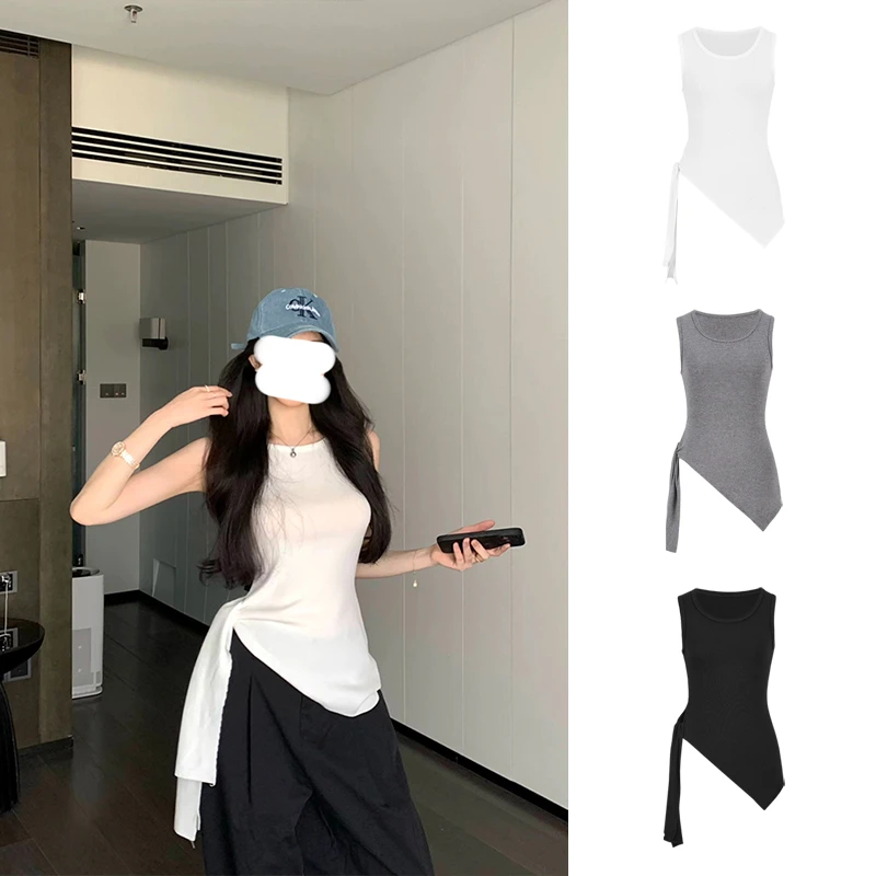 Moses Queen/魔西女王夏季新品背心开叉绑带收腰T恤辣妹显瘦上衣