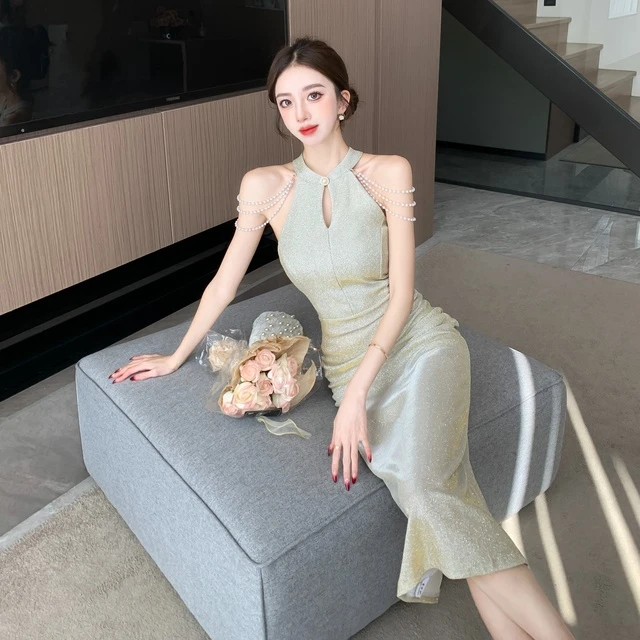 高级感新中式复古改良旗袍挂脖连衣裙女夏收腰御姐开叉包臀长裙子