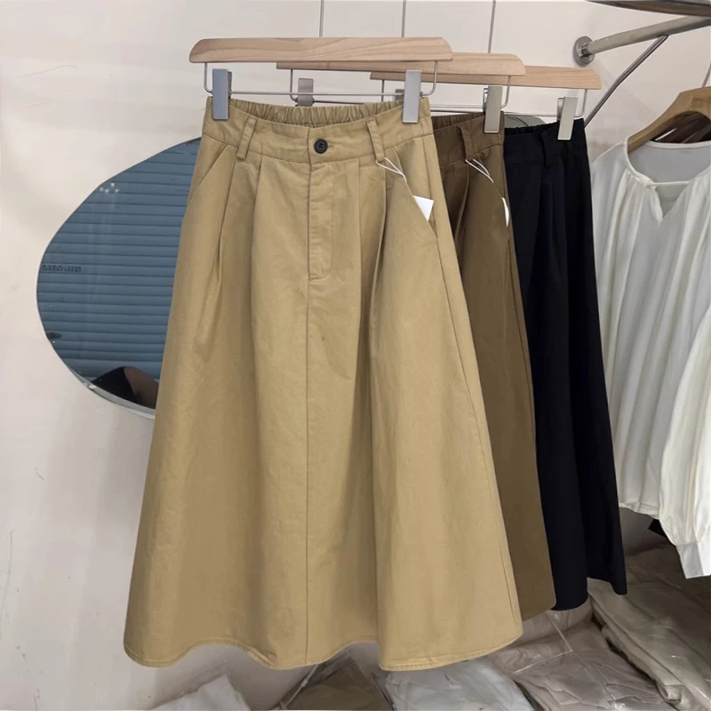 卡其色半身裙女中长款2025春季新款小个子大摆裙a字显瘦高腰长裙