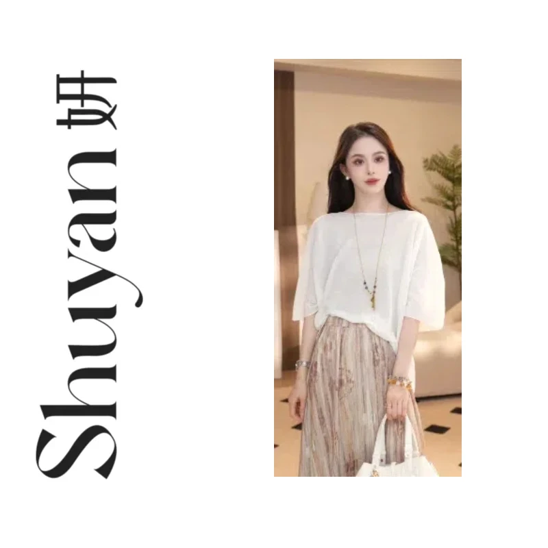 Shuyan妍【老钱Tee】QC天丝亚麻老钱风圆领花纱透气针织上衣639157