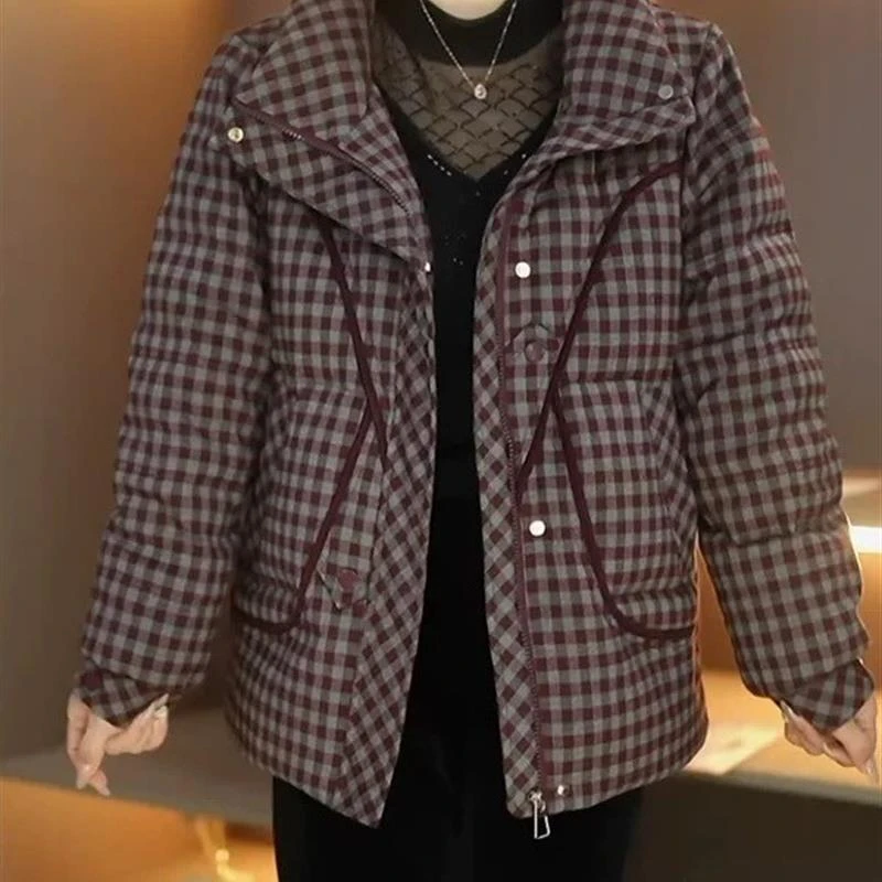 女士冬季时尚覆古格子保暖棉服上衣洋气新款中年妈妈宽松显瘦棉衣