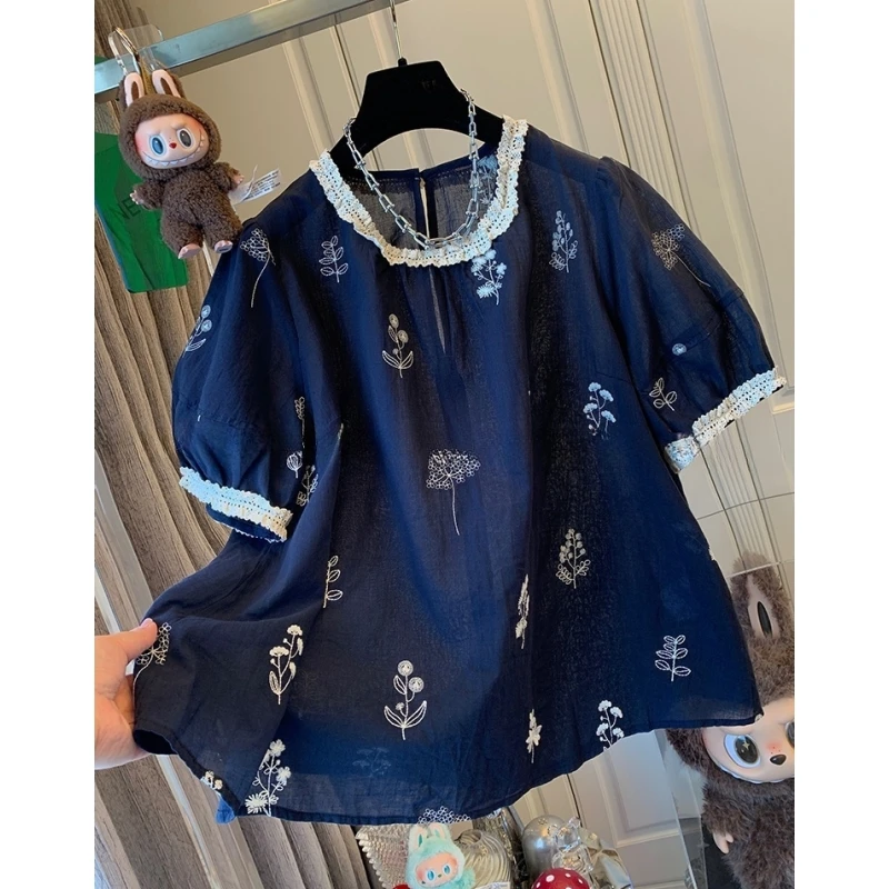法式小资刺绣花朵短袖衬衫宽松时尚薄款独特漂亮小上衣女夏季新款