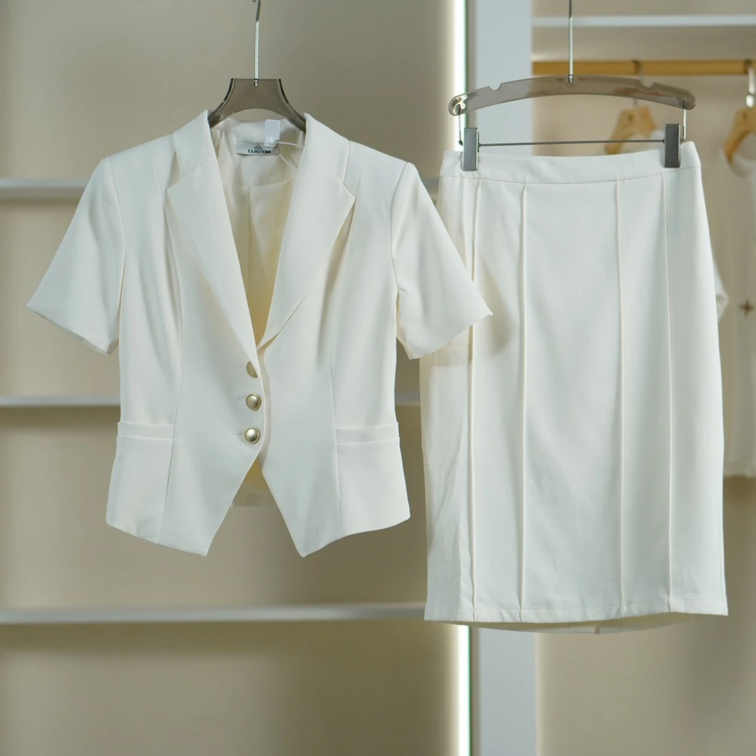 莉推荐【深圳原创】S588-5 女装夏单排扣西装显瘦半裙两件套套装