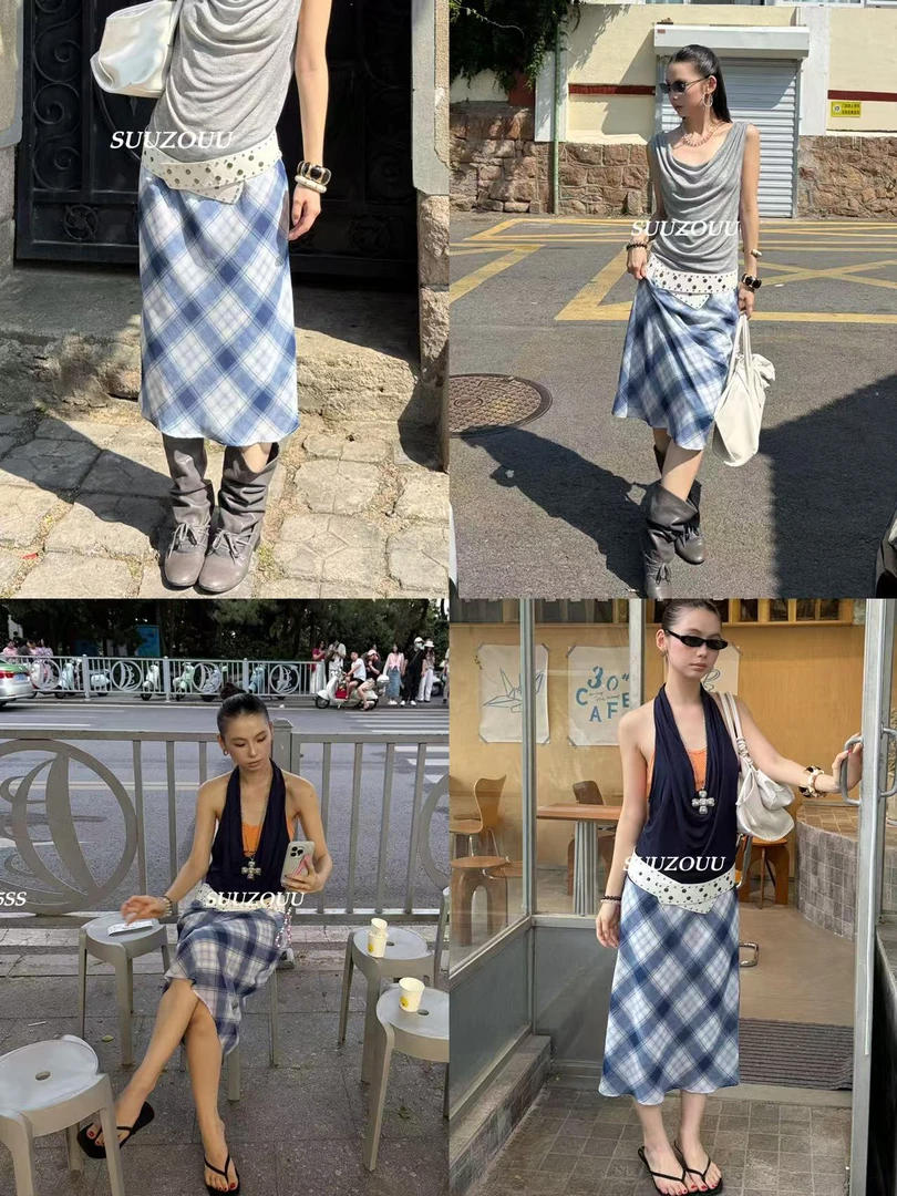 馒头（1mtq367#）蓝格子、轻盈感百搭中裙 7-9